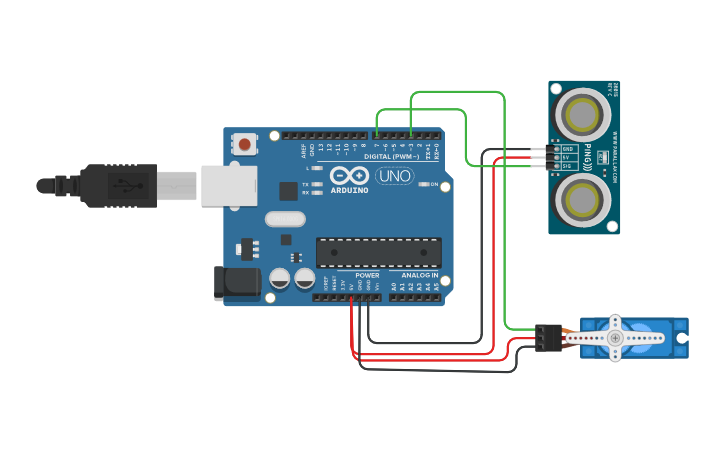 Circuit design Sensor Ultrasonik dan Servo - Tinkercad