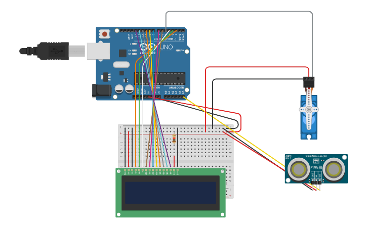 Circuit design Sensor Ultrasonico, Servo y Pantalla LCD - Tinkercad