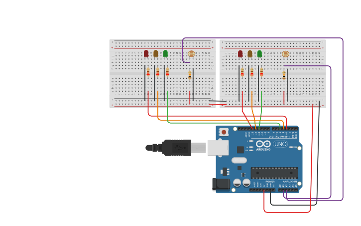 Circuit design Double traffic lights - Tinkercad