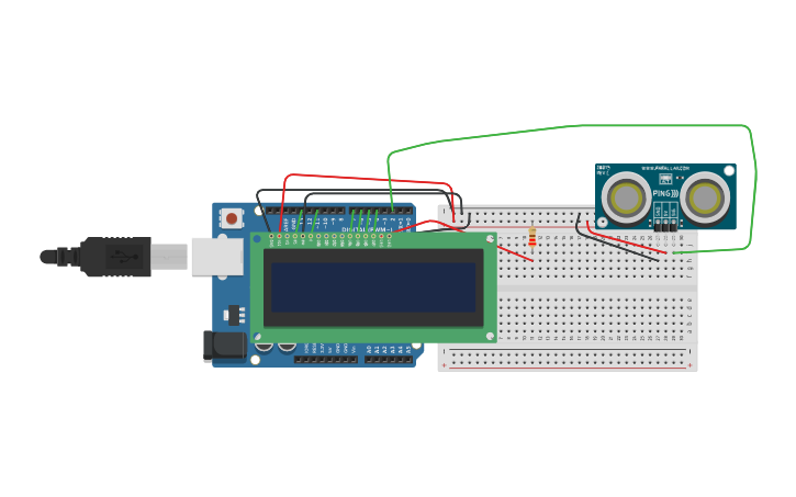 Circuit design displaying distance with ultrasonic sensor | Tinkercad