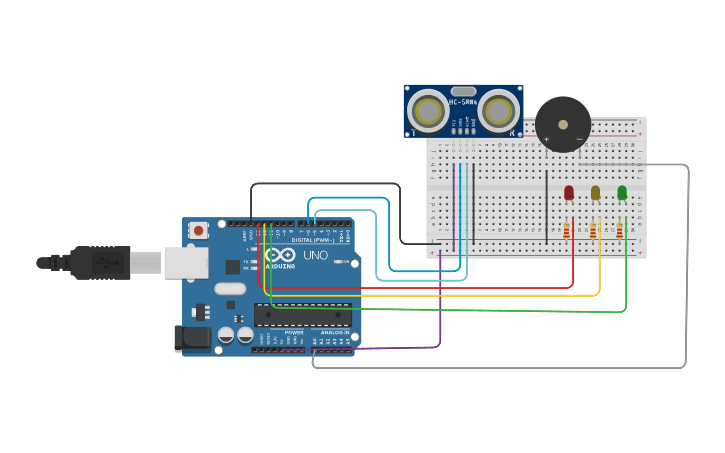Circuit design Copy of Sensor de distancia con sonido - Tinkercad