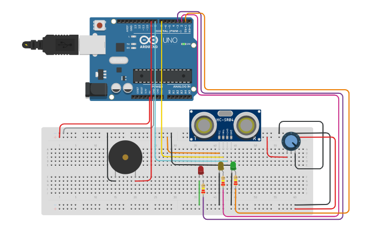Circuit design Sensore di parcheggio ad ultrasuoni - Tinkercad