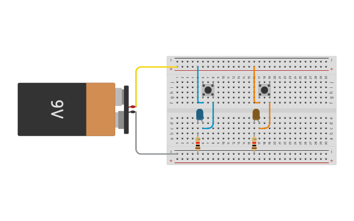 Circuit design Doble LED con dos pulsadores - Tinkercad
