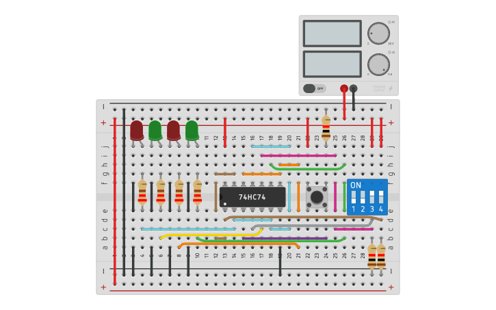 Circuit design 74HC74 flip flop D - Tinkercad