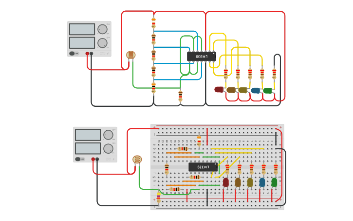 Circuit design LDR Sensor VU Meter via LM339 - Tinkercad