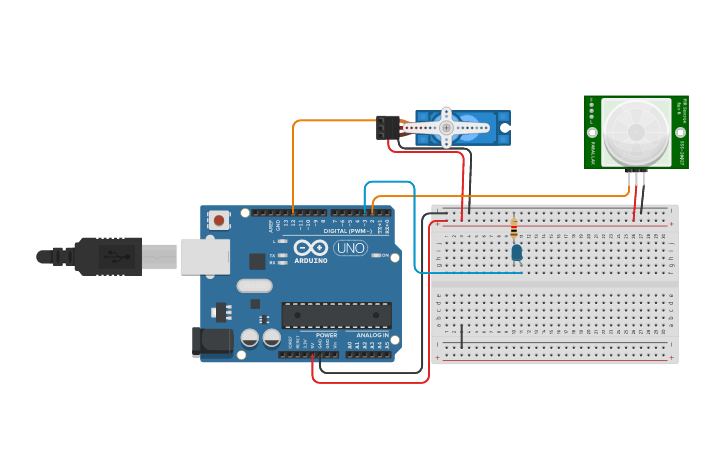 Circuit design Servomotor + sensor PIR - Tinkercad