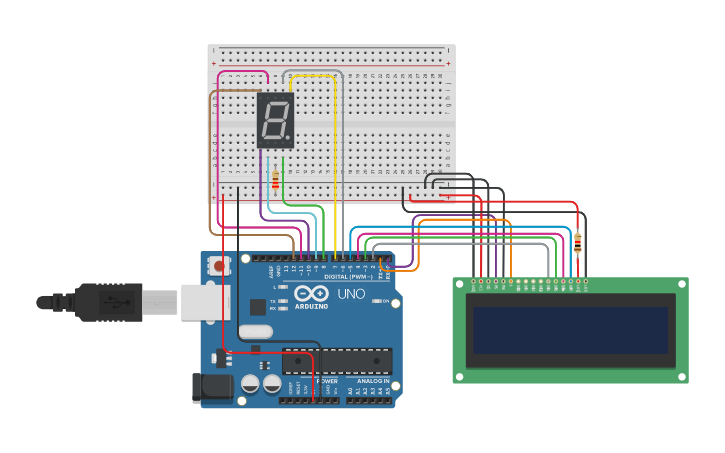 Circuit design counting LCD and 7 segment - Tinkercad