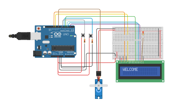 Circuit design Servo+LCD+2 push buttons - Tinkercad image.