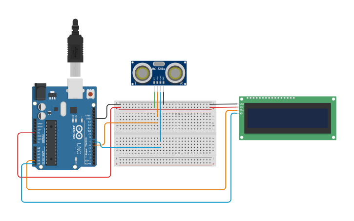 Circuit design Sensor US + LCD i2c - Tinkercad