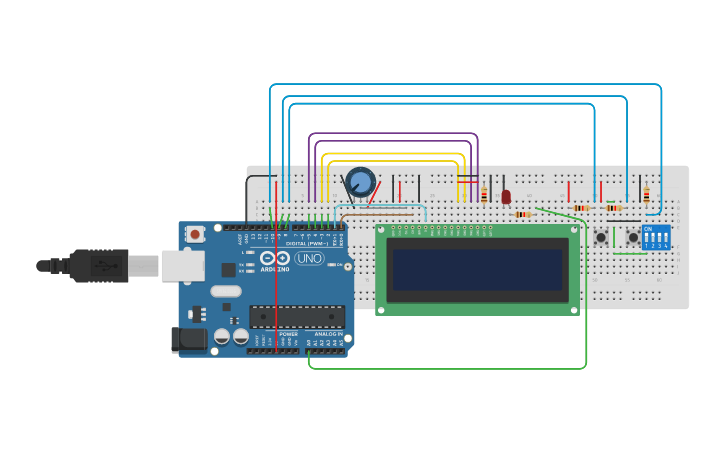 Circuit design Reloj digital en LCD con alarma | Tinkercad