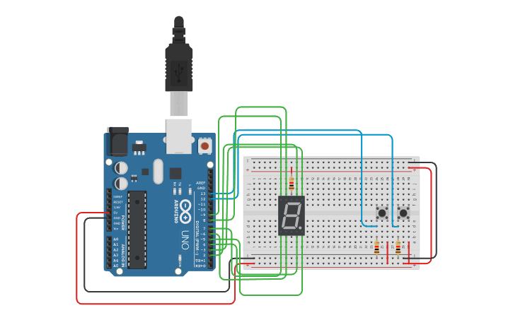 Circuit design Tugas increment dan decrement Pertemuan 6 - Tinkercad