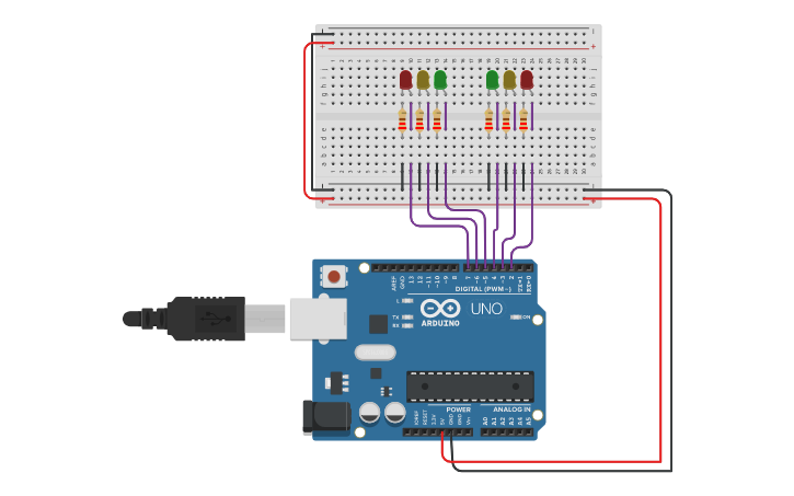 Circuit design Secuencial de leds, con semaforo soble - Tinkercad