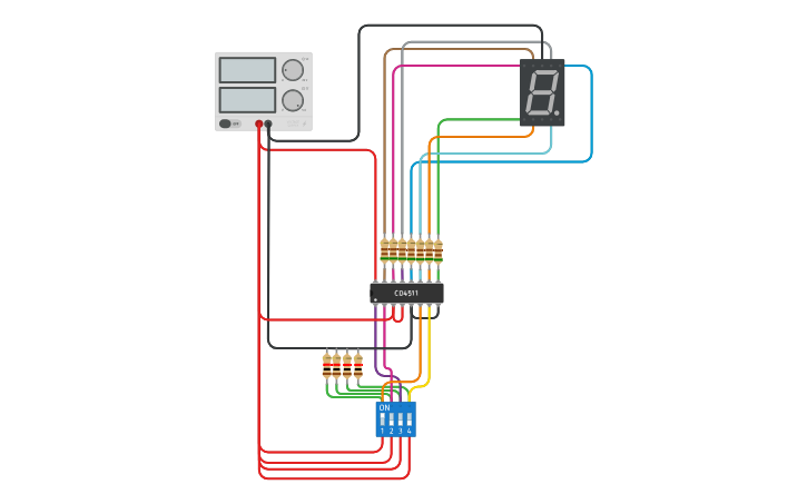 Circuit design CD4511 test circuit BCD to 7 SEGMENTS - Tinkercad