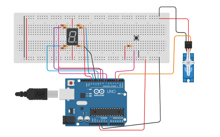 Circuit design Servo motor and 7-segment display - Tinkercad