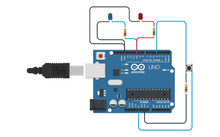 Circuit design Leds y pulsador 2 - Tinkercad