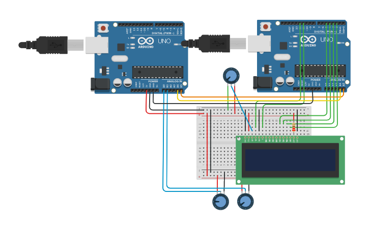 Circuit design One LCD with two arduino - Tinkercad