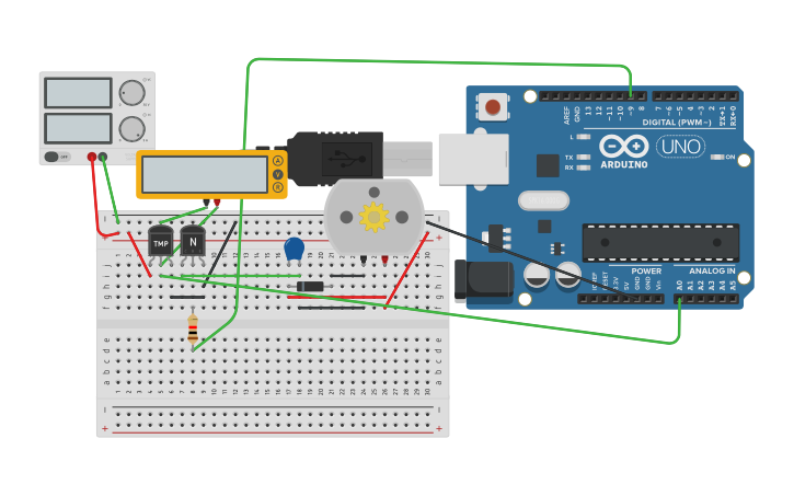 Circuit design temp control dc motor | Tinkercad