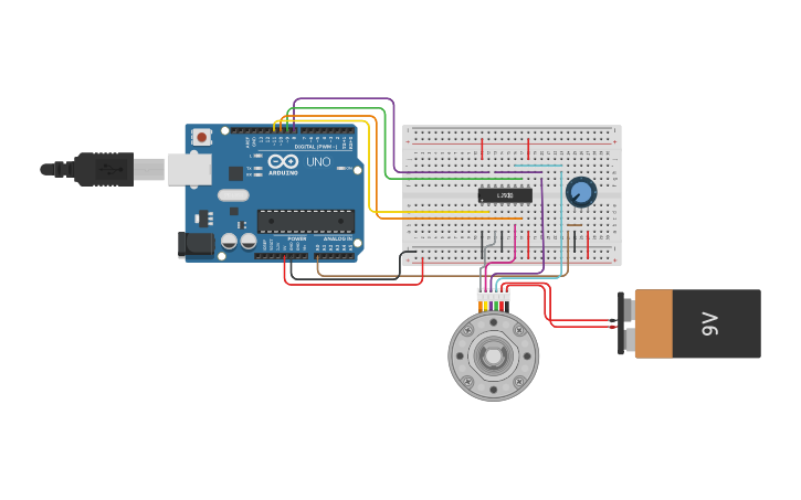 Circuit design STEPPER MOTOR AND POTENTIOMETER - Tinkercad
