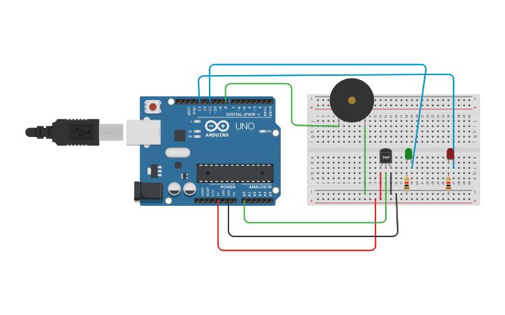 Circuit design TEMP SENSOR WITH LED'S AND BUZZER - Tinkercad