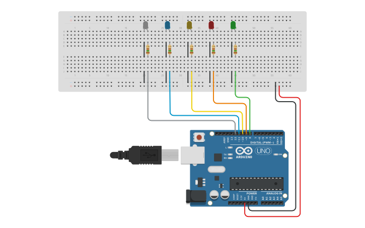 Circuit design Ciclo FOR con 5 Led - Tinkercad