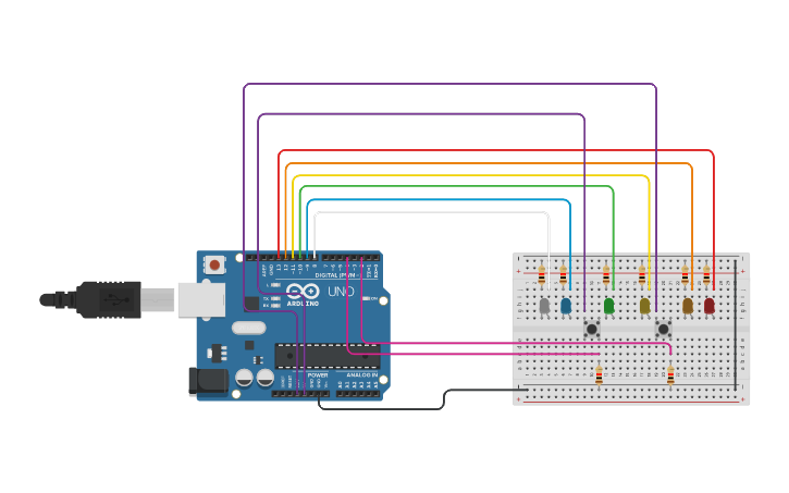Circuit design 2 PUSH BUTTON+6 LED - Tinkercad