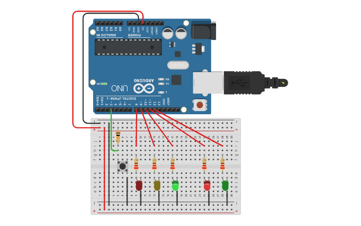 Circuit design Semáforo veículo e pedestre por botão W - Tinkercad