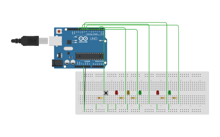 Circuit design Интерактивный светофор с секцией для пешеходов - Tinkercad