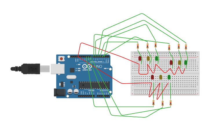 Circuit design 3-way traffic light system - Tinkercad