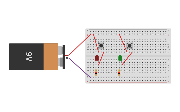 Circuit design 2 led con pulsadores en placa protoboard - Tinkercad
