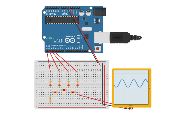 Circuit design R2R DAC With Arduino - Sine Wave | Tinkercad