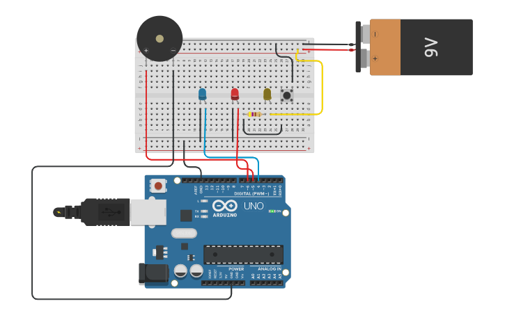 Circuit design Police LEDs with yellow LED and button - Tinkercad