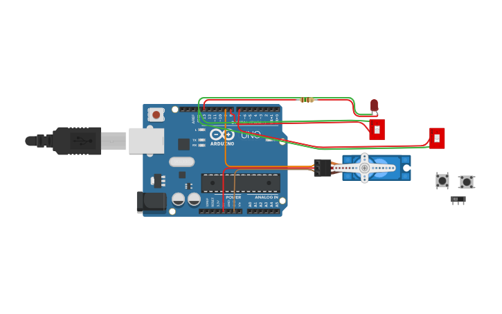Circuit design Servo + 2 push buttons - Tinkercad