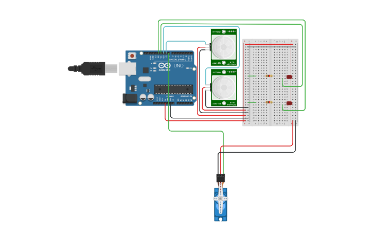 Circuit design 2 pir sensor + servo motor (najwa, hazwani) - Tinkercad