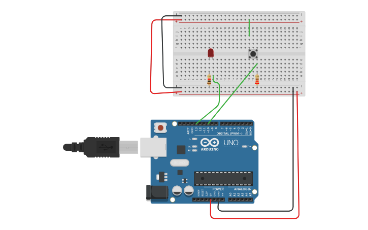 Circuit design Push button LED blink - Tinkercad