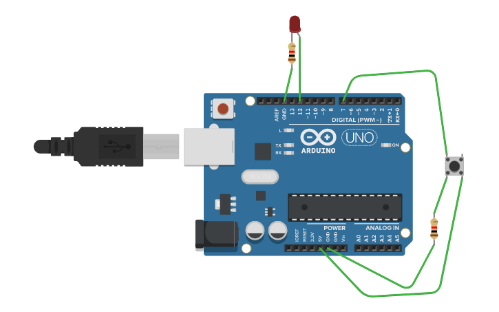 Circuit design led+button - Tinkercad