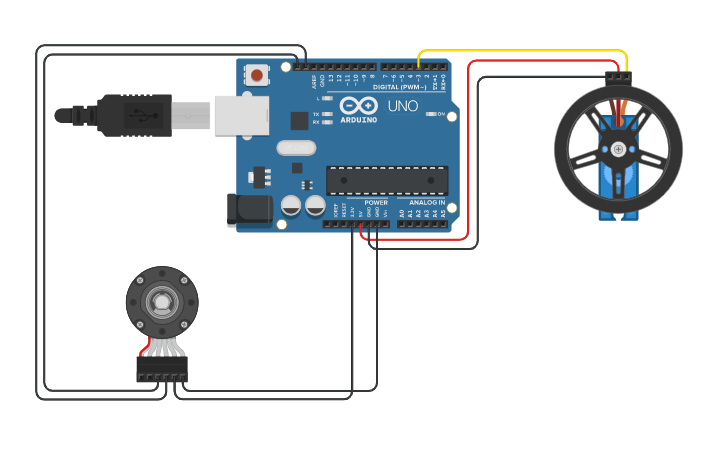 Circuit design Rotary Encoder/Continuous Servo Motor Example - Tinkercad