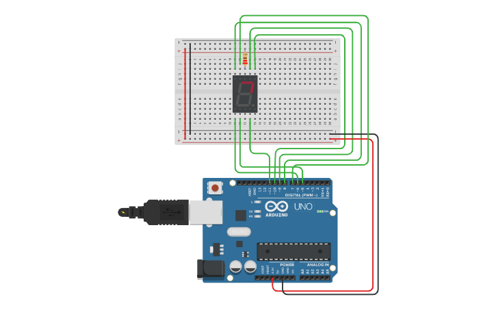 Circuit design 7-Segment display from 0-9 with for loop - Tinkercad