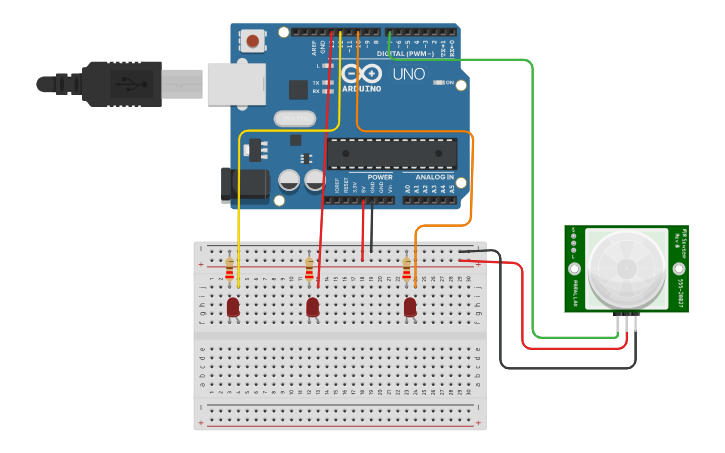 Circuit design Sensor infrarrojo para el encendido de leds - Tinkercad