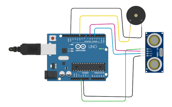 Circuit design DOOR BUZZER Using Ultrasonic Sensor - Tinkercad