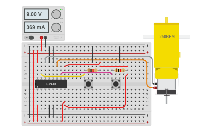 Circuit design L293D, motor DC (sin arduino) - Tinkercad
