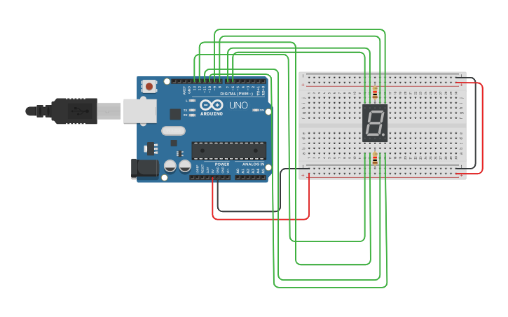 Circuit design 7 segment display testing - Tinkercad
