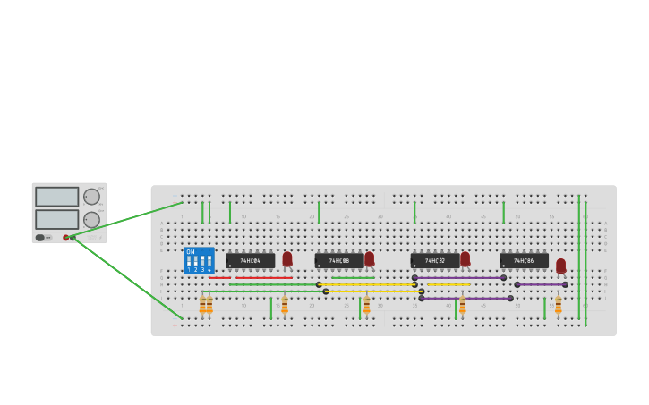 Circuit design Comprobación de Compuertas NOT, OR, AND, XOR - Tinkercad