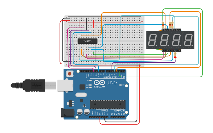 Circuit design Display 7 seg 4 digit 74HC595 - Contador Segundo - Tinkercad