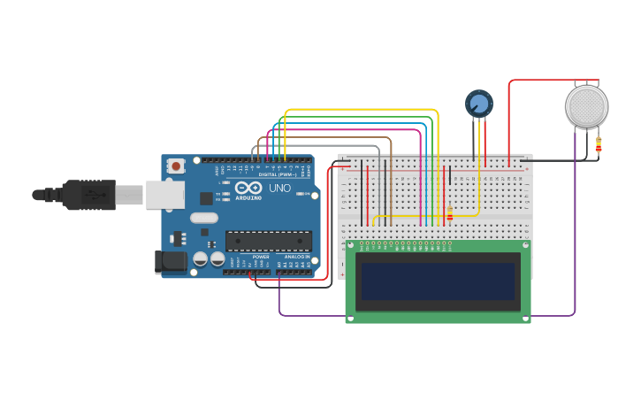 Circuit design Practica 5. Sensor de gas + pantalla LCD - Tinkercad