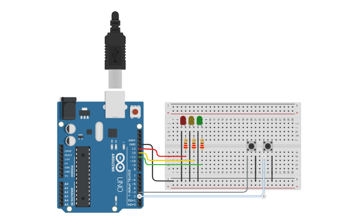 Circuit design DUE PULSANTI E TRE LED - Tinkercad