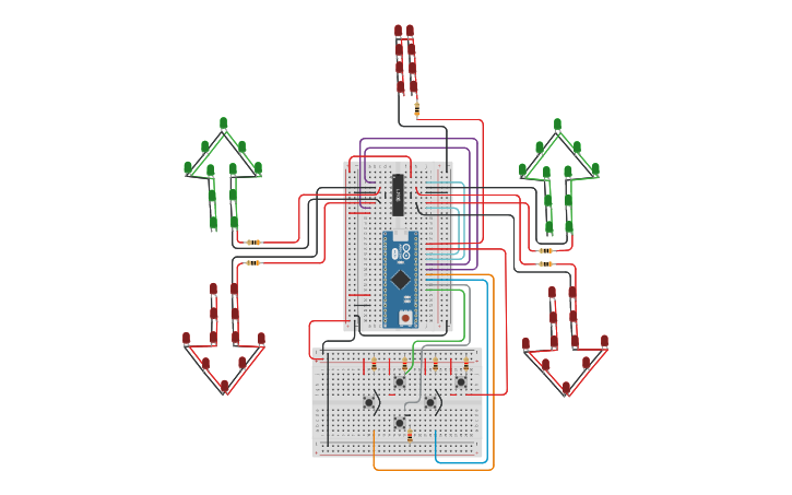 Circuit design Arduino Nano with L293D and arrows | Tinkercad