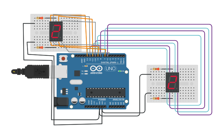 Circuit design 7-segment LED display - Tinkercad