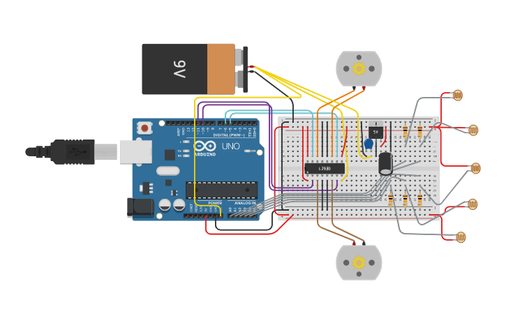 Circuit design 5 sensor Line Follower Robot - Tinkercad