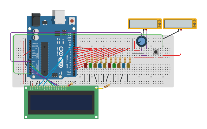 Circuit design 04c: Poti + 10 LEDs + LCD - Tinkercad