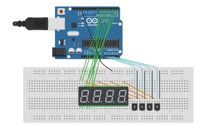 Circuit design 4 - 7seg displays, multiplexed | Tinkercad